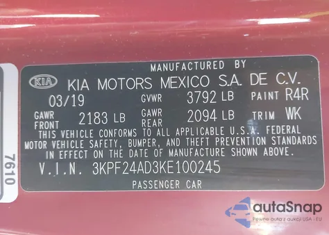 2019 Kia Forte Lxs из США, поврежденный, VIN 3KPF24AD3KE100245